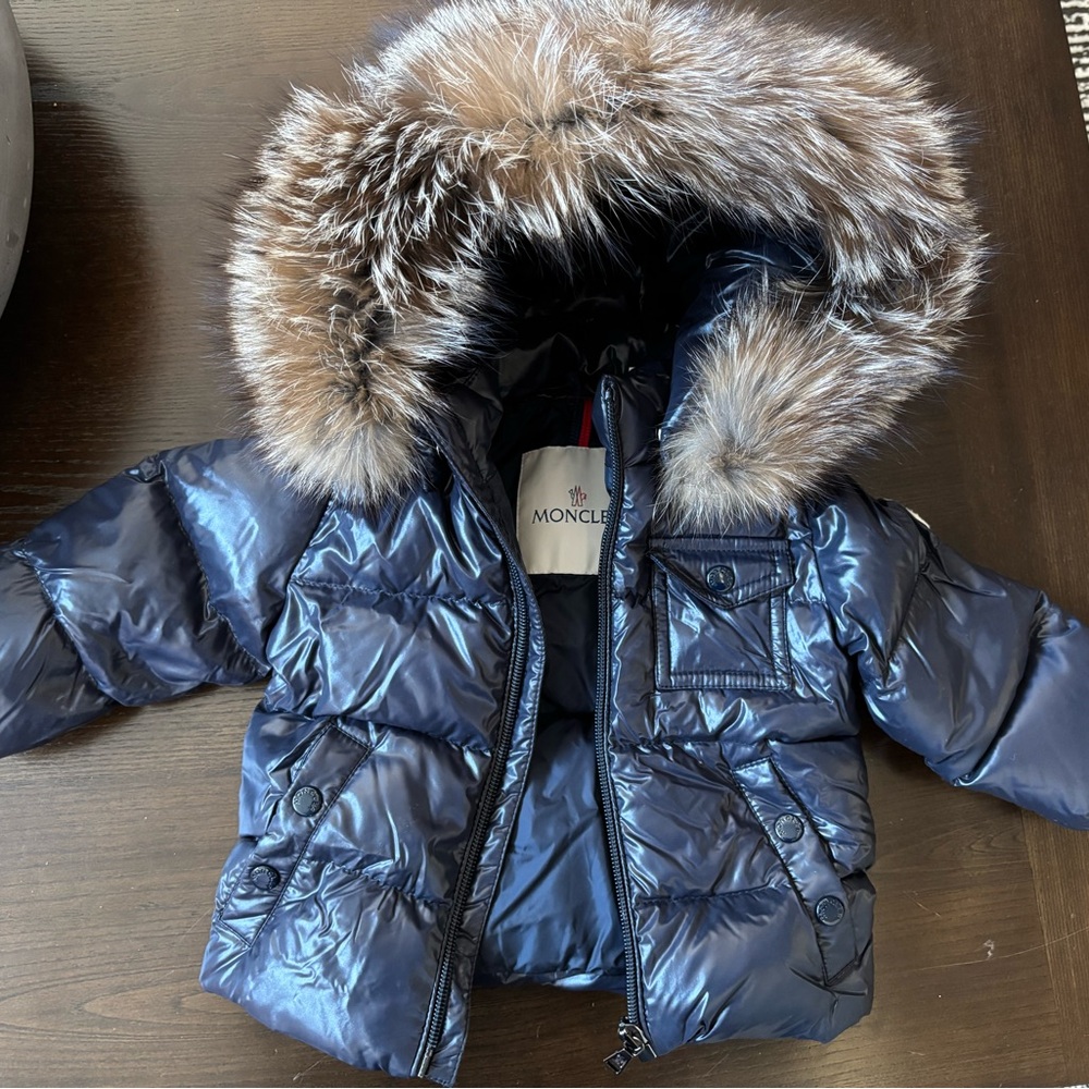 Moncler Shiny Blue Puffer Jacket with Fur Hood